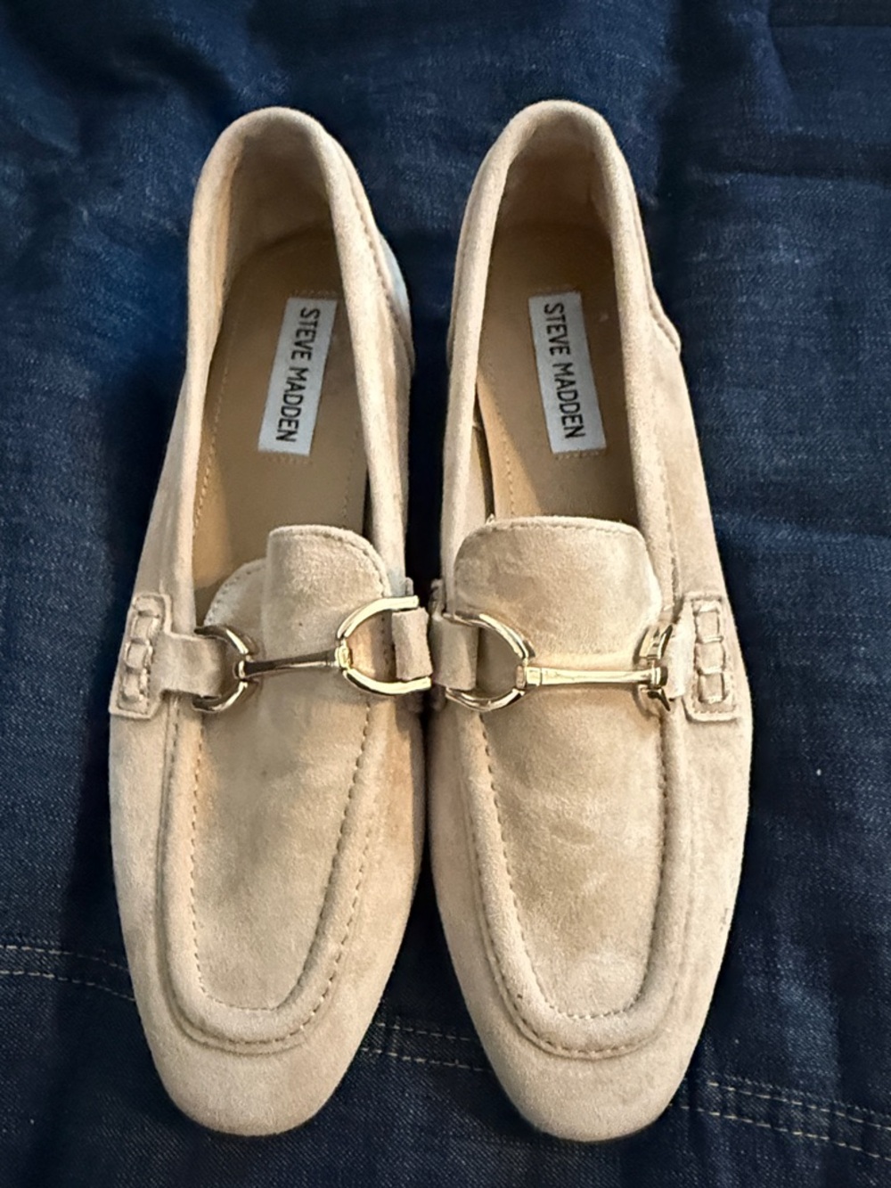 Steve Madden Taupe Suede Loafers with Gold Hardware